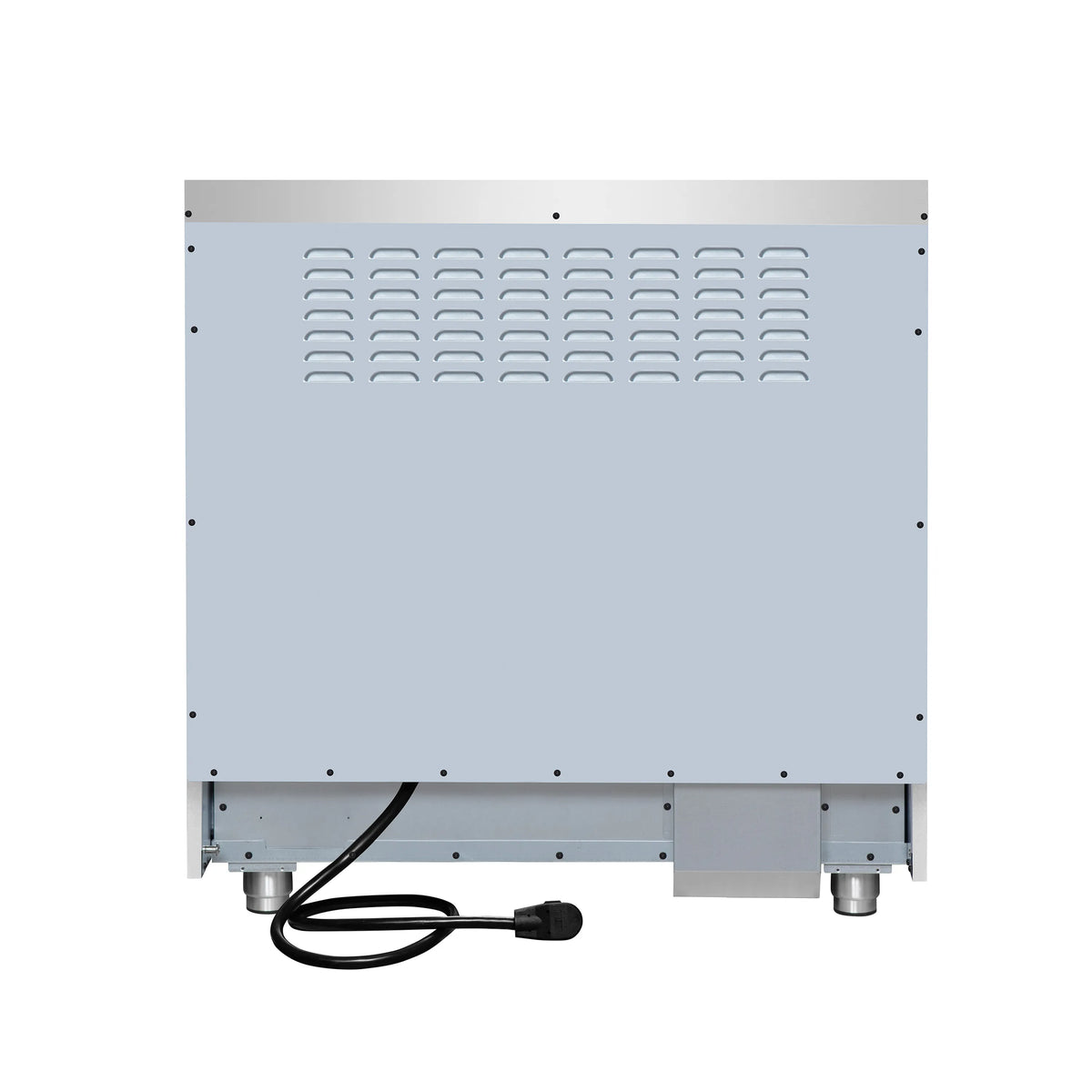 Electric range back panel with ventilation vents and visible power cord and feet