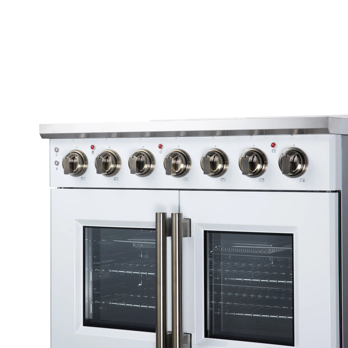 White electric range with radiant cooktop and double French oven doors with brass handles