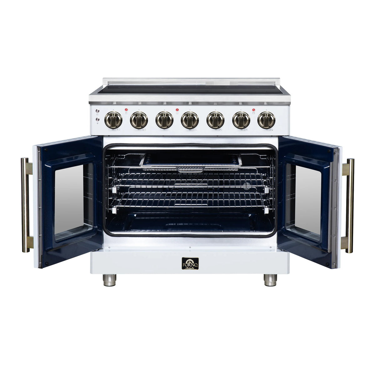 Electric range with open oven showing racks and dark oven chamber