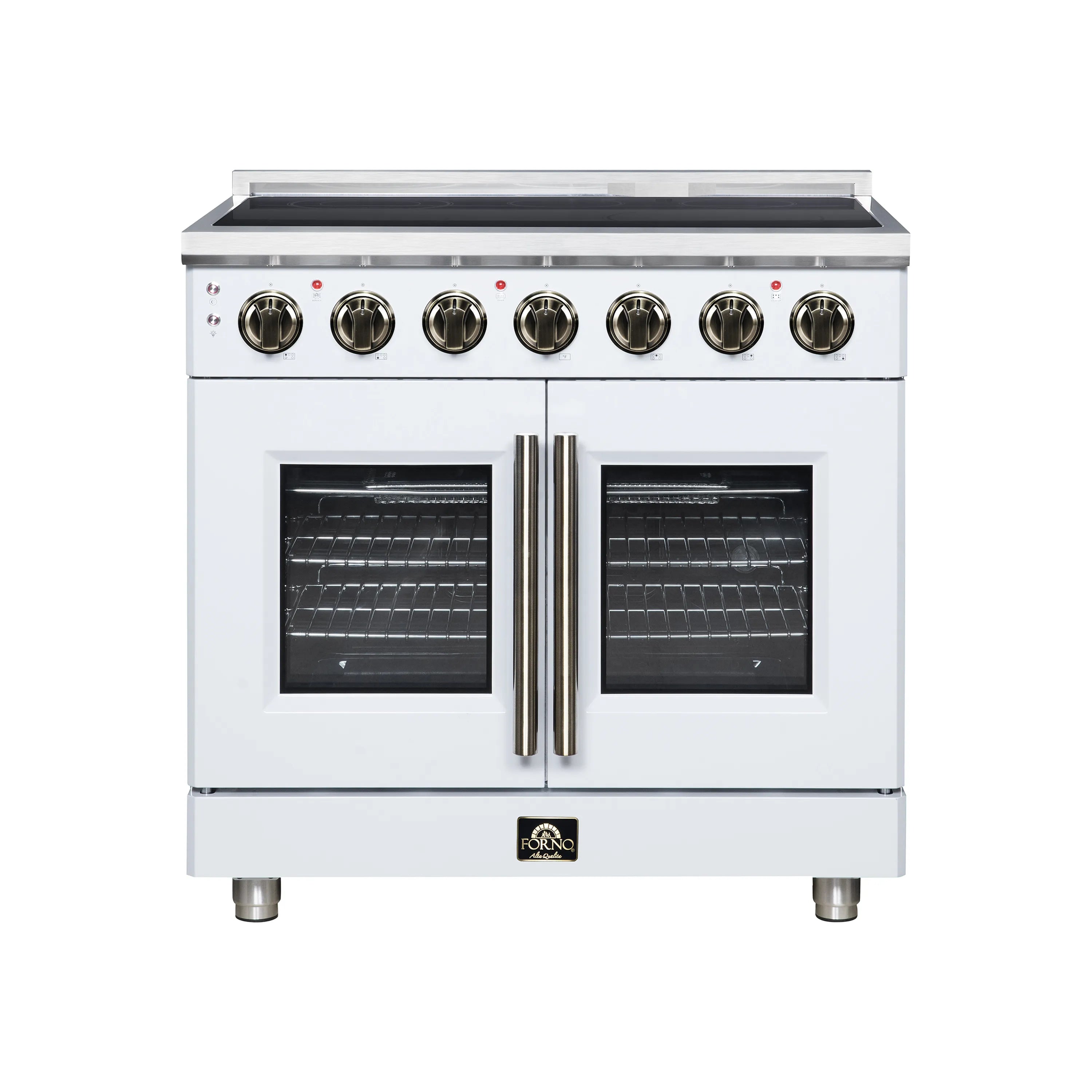 White electric range with radiant cooktop, knob controls, and French double oven doors