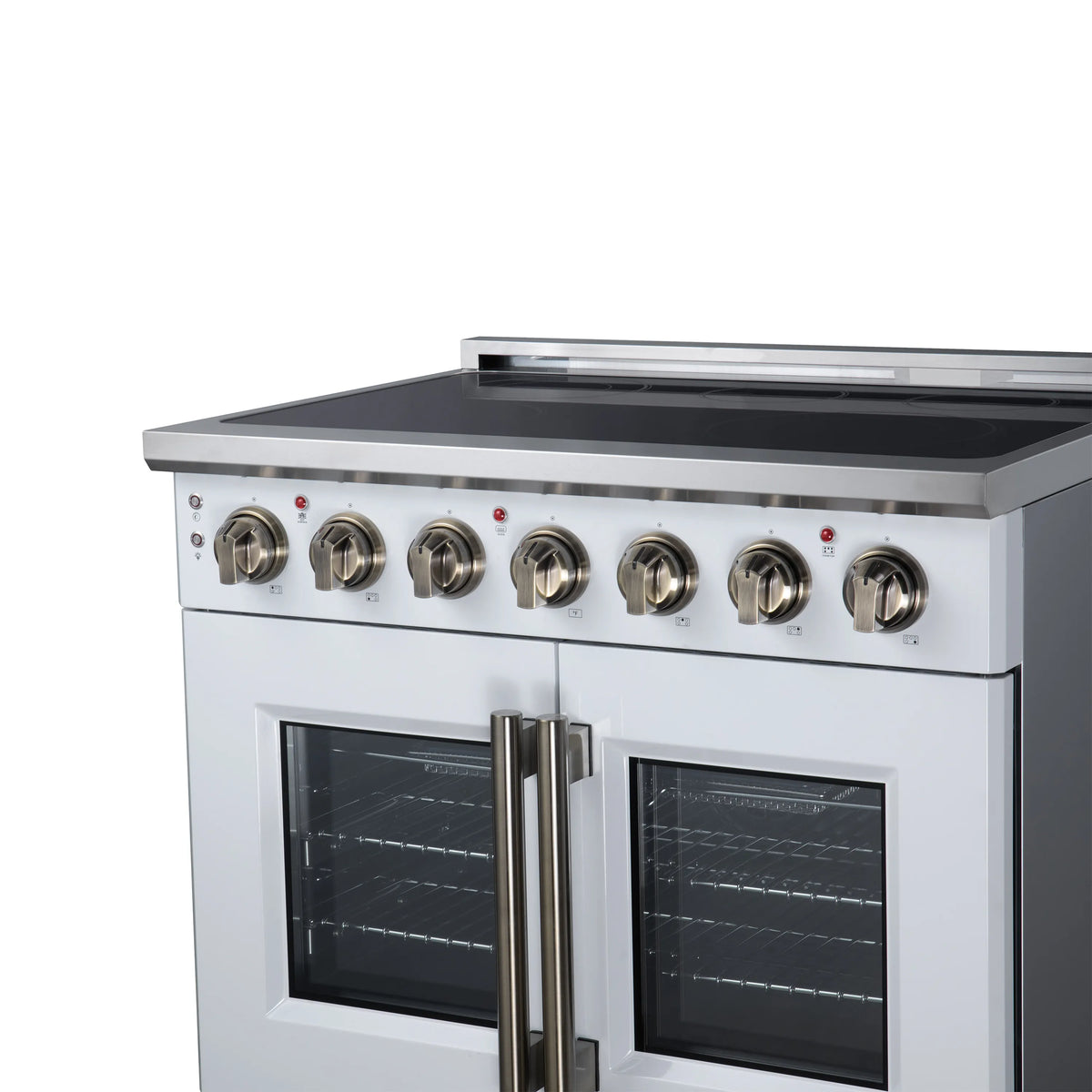 White electric range front with radiant burner controls and twin oven door windows