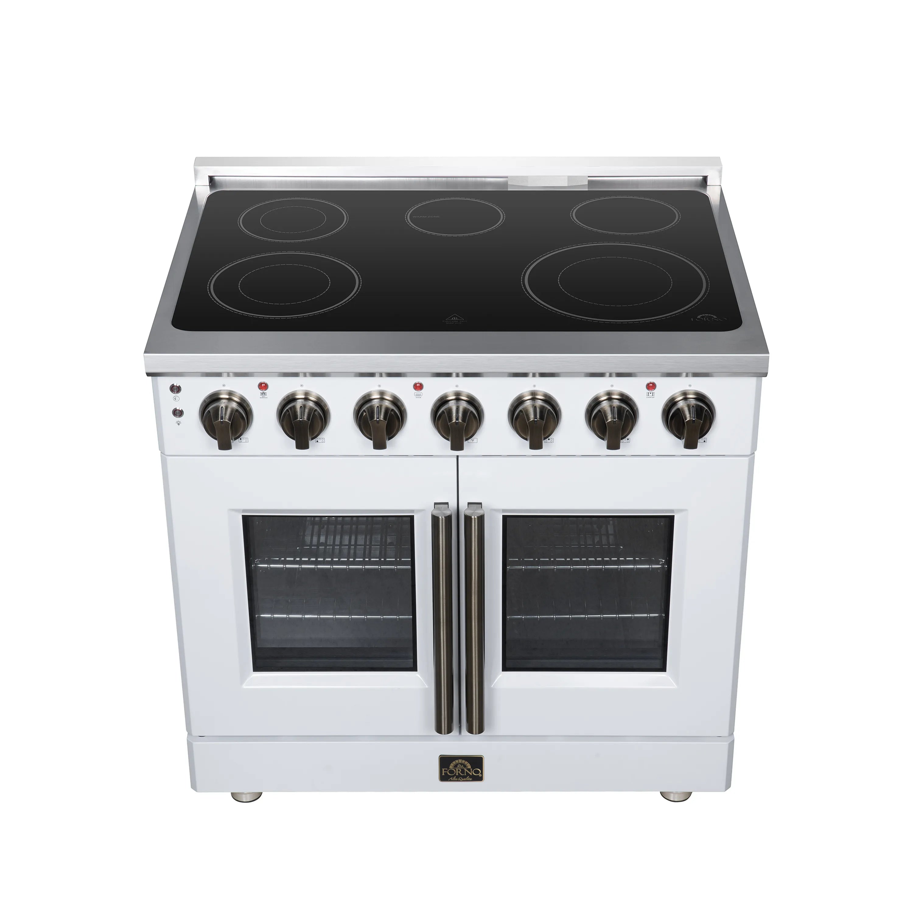 White electric range front view with four radiant burner elements and French doors
