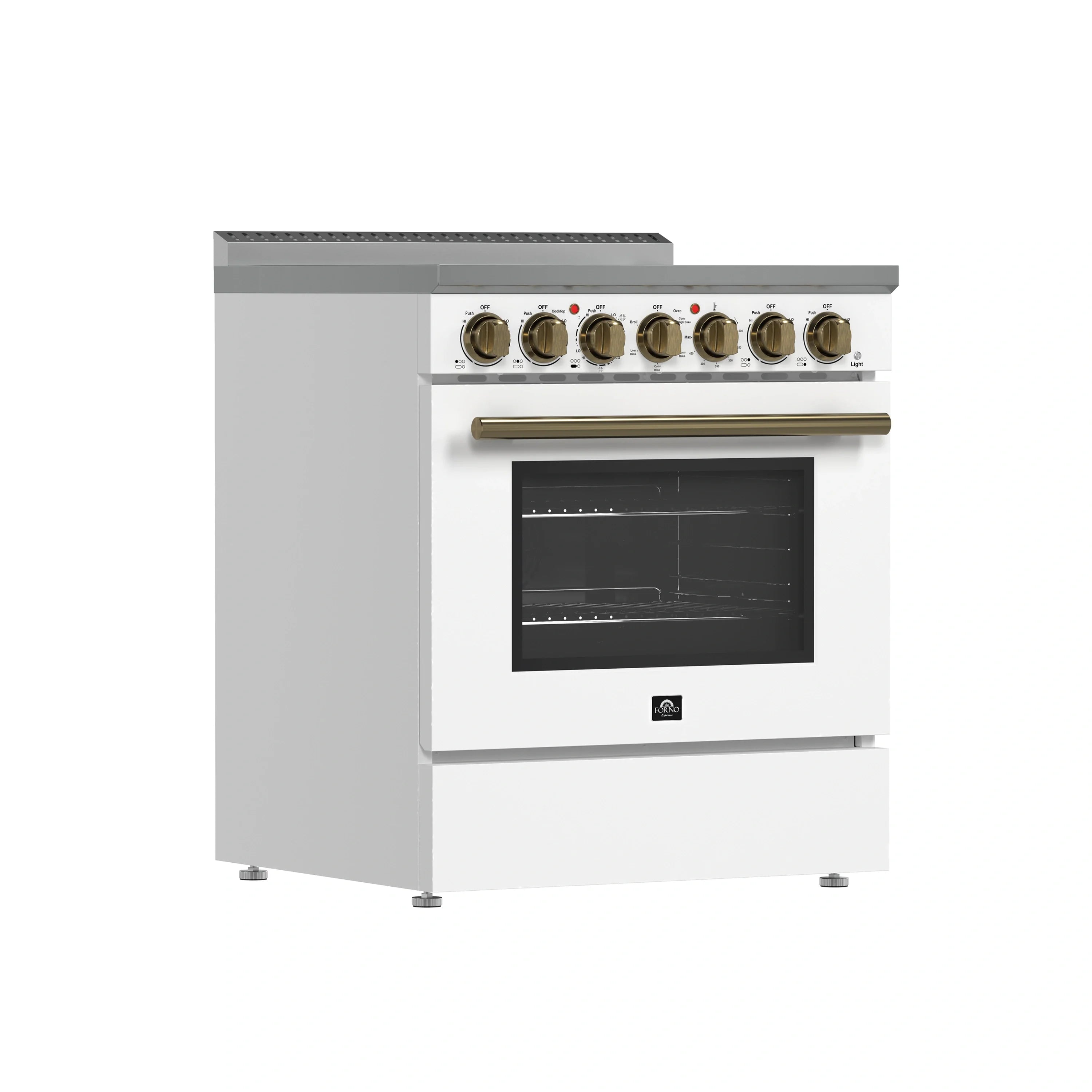 White electric range with brass knobs, slide-out oven door, and black interior