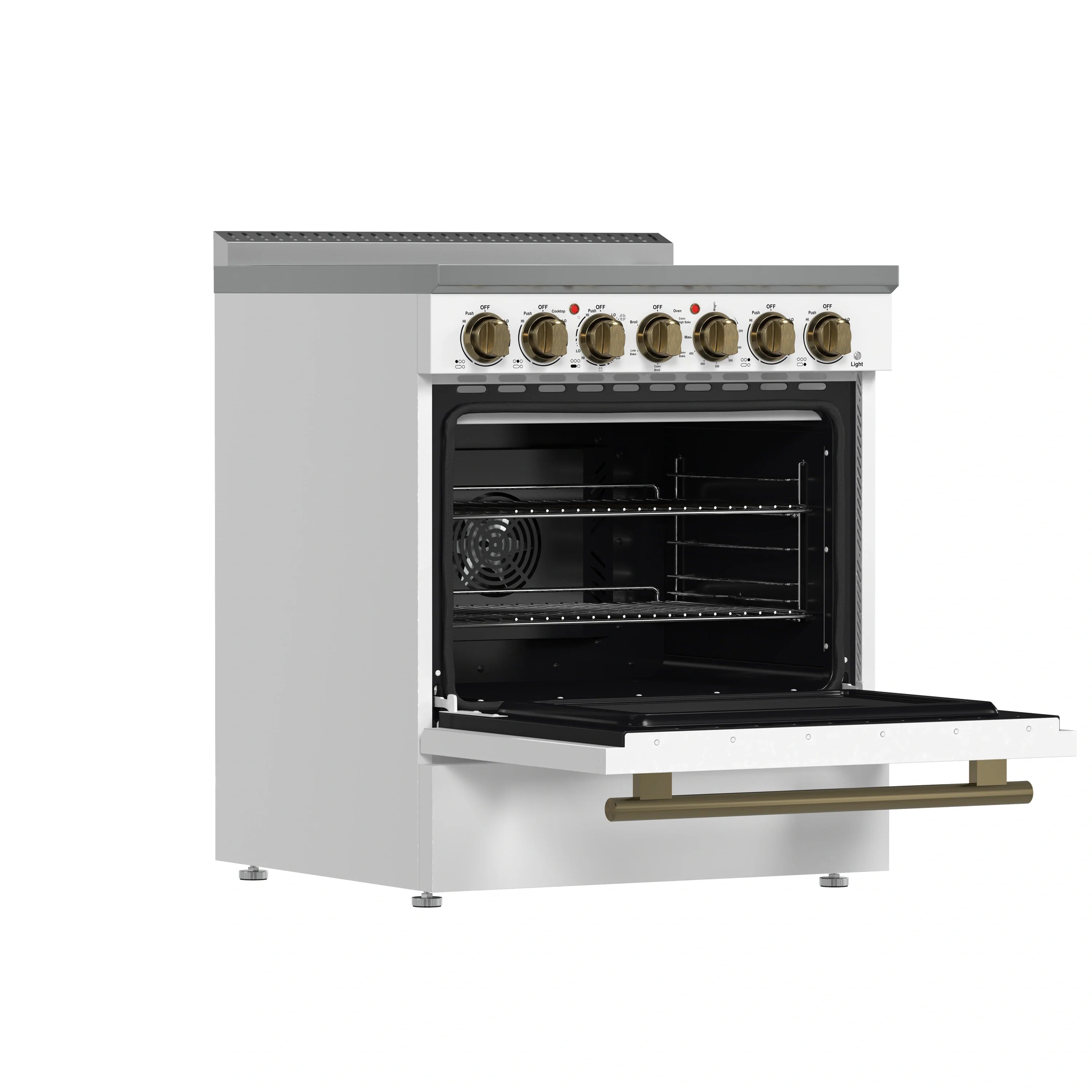 White electric range with open oven door, black interior cavity, and antique brass controls