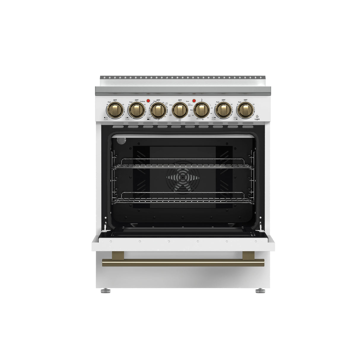 White freestanding electric range with open oven and brass control knobs