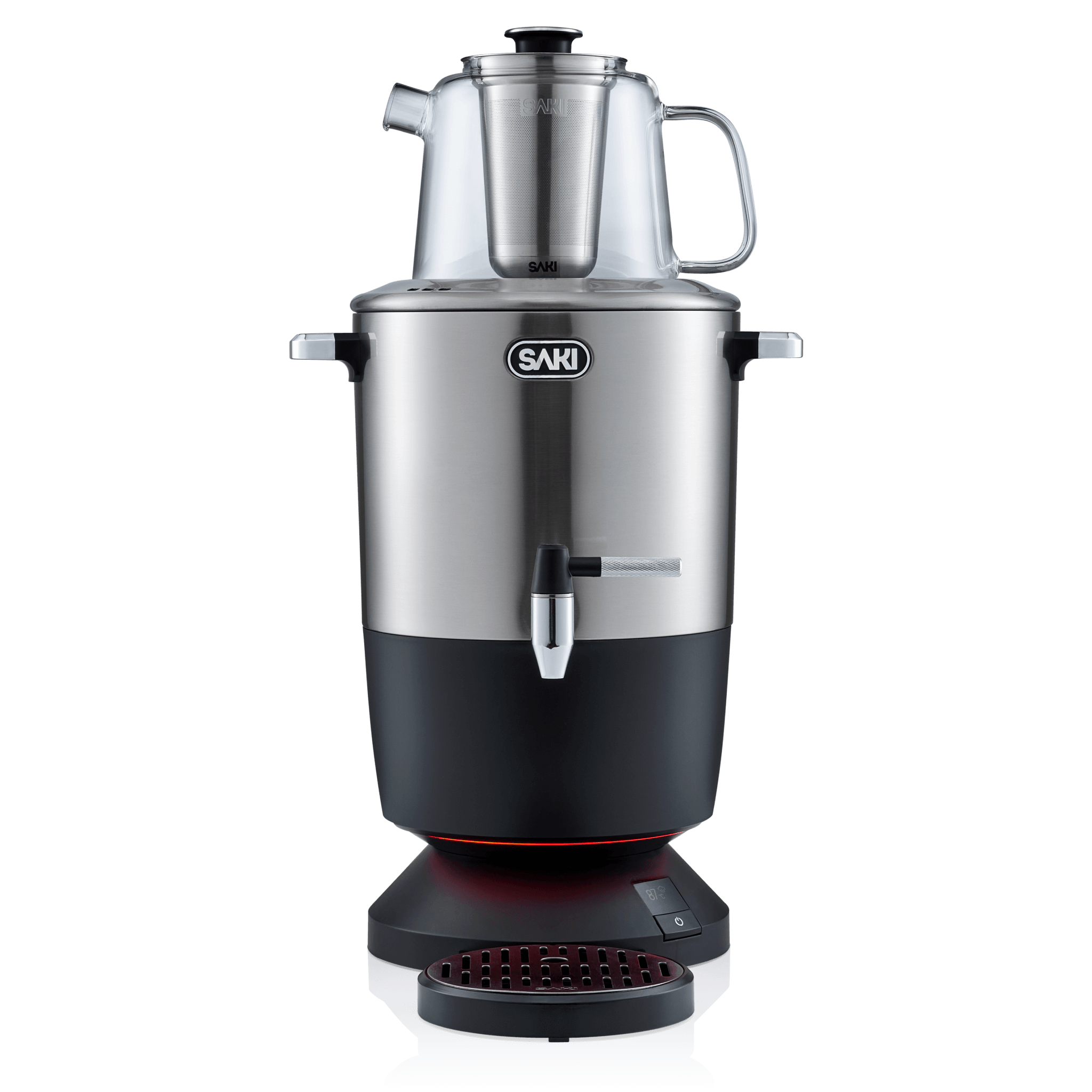Silver electric tea maker with black base and center spout, visible warming plate.