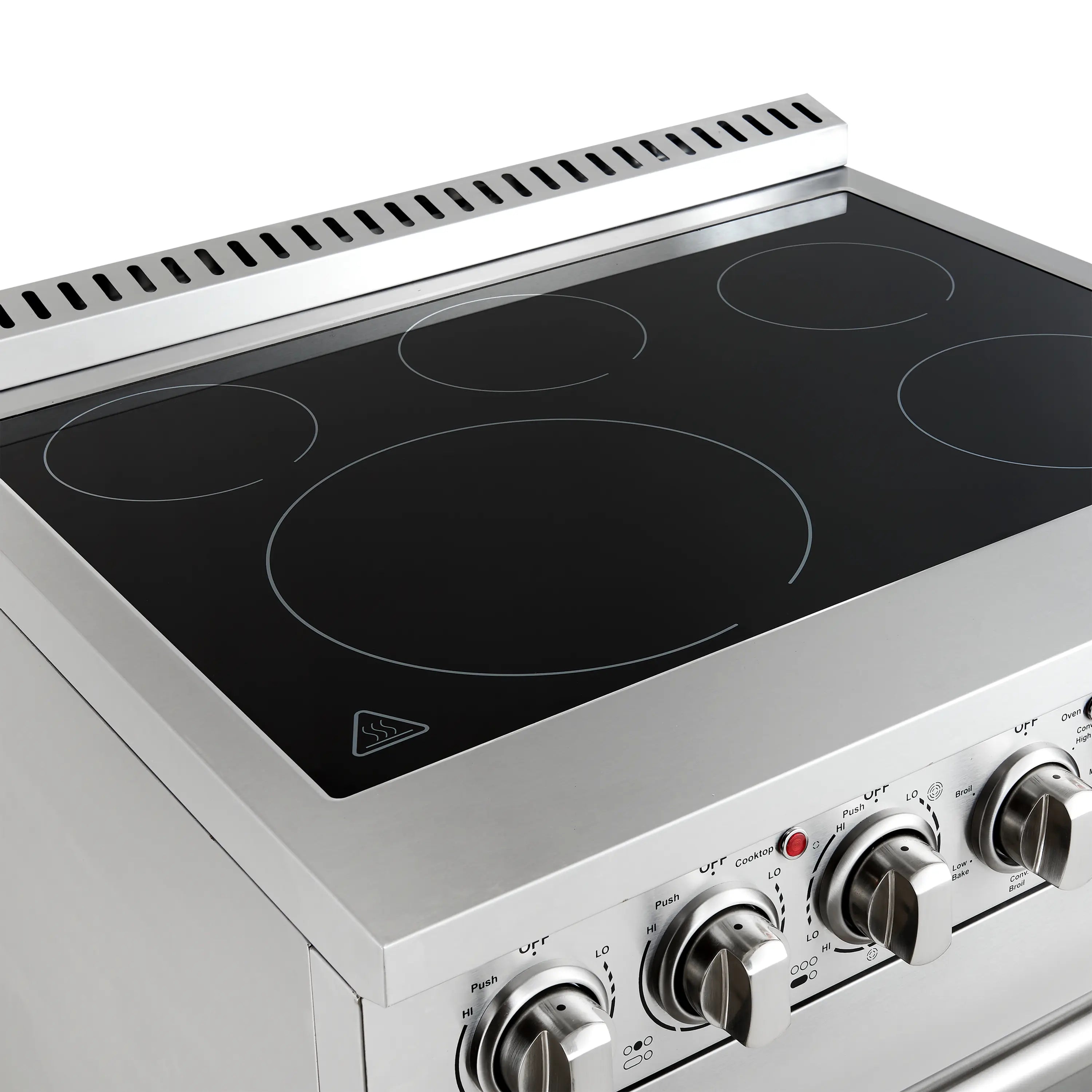 Stainless steel radiant cooktop with five smooth heating zones, close-up angle
