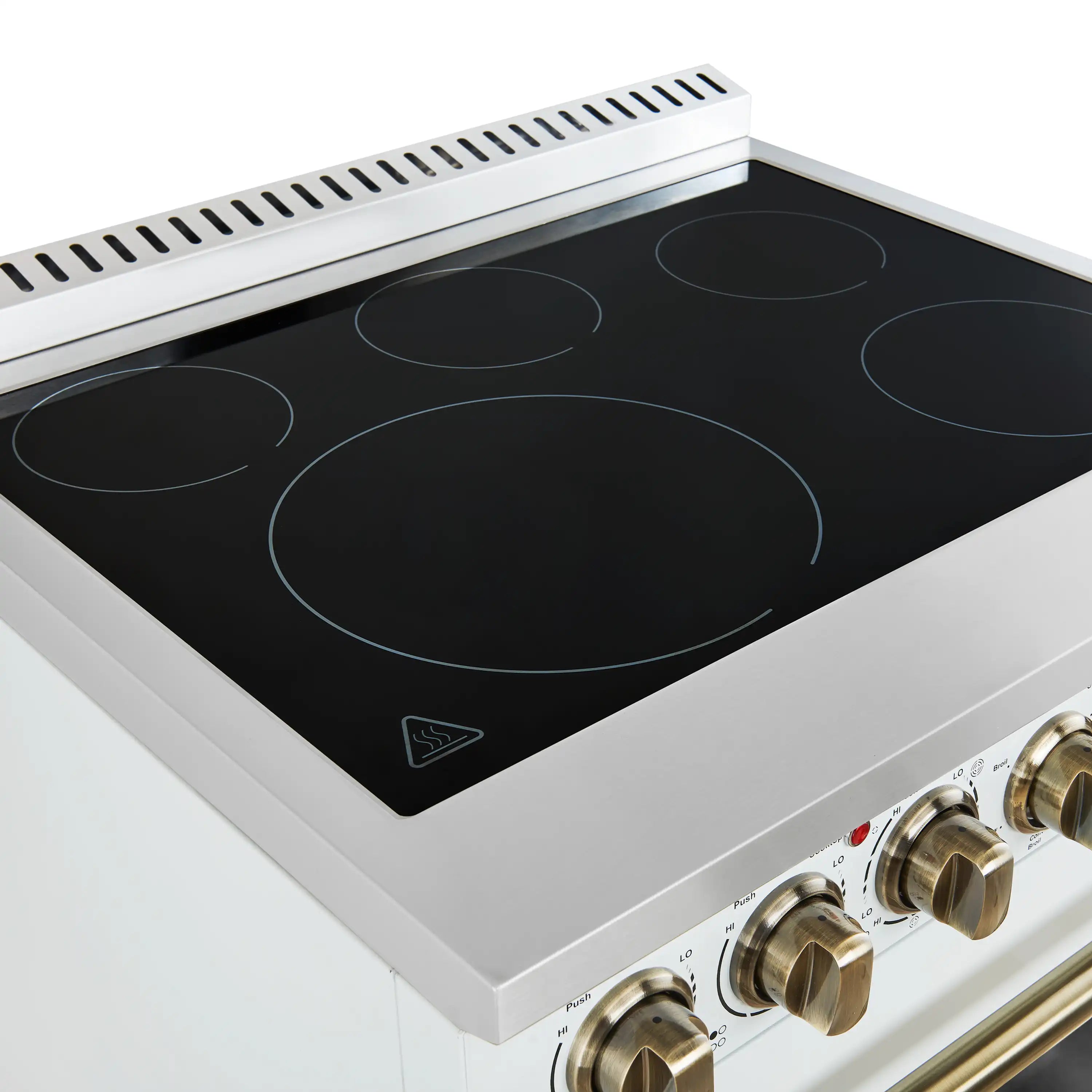 White electric cooktop with black glass and circular burner markings