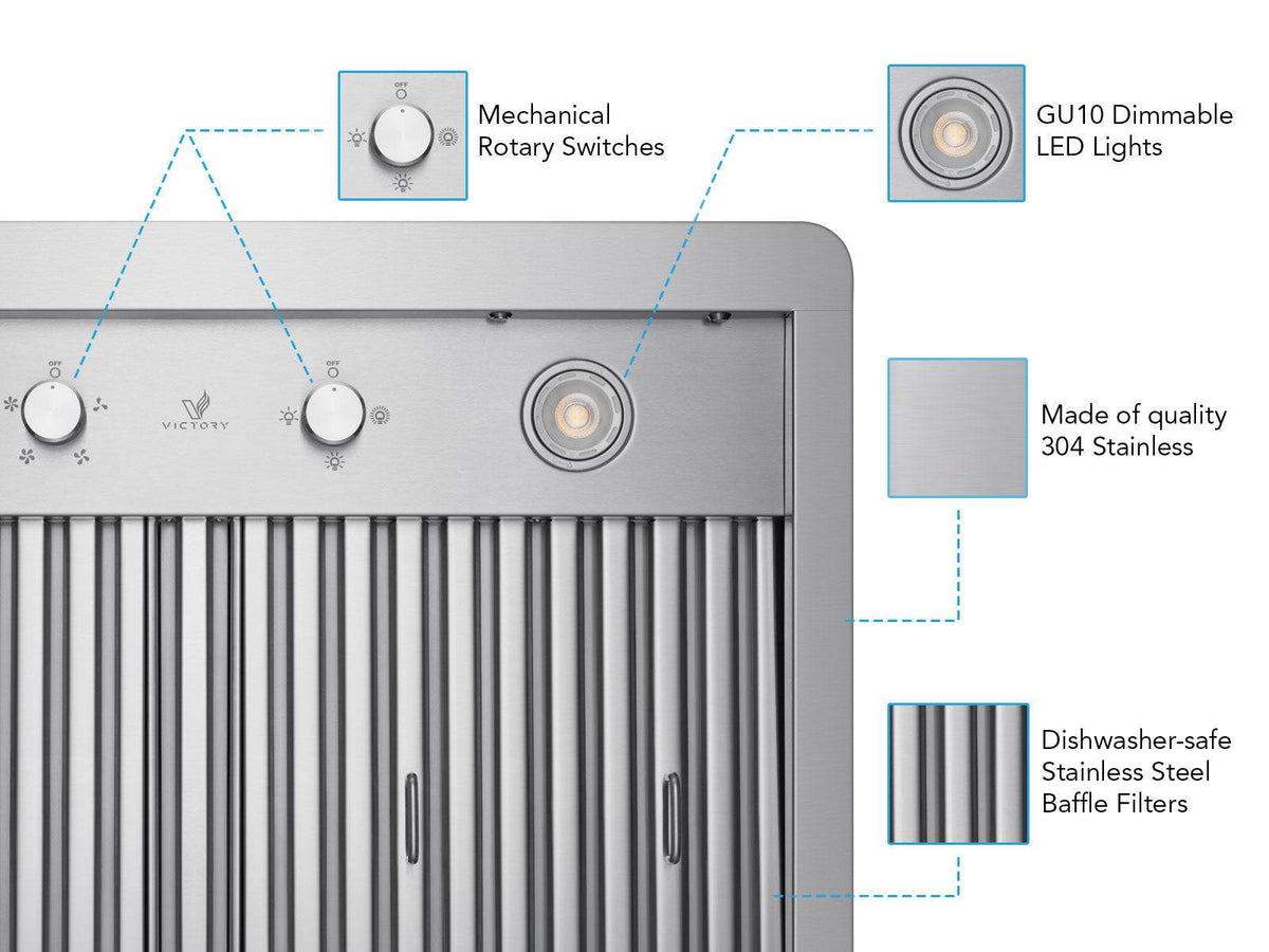 Stainless steel range hood with rotary controls, LED lights, and baffle filter vents