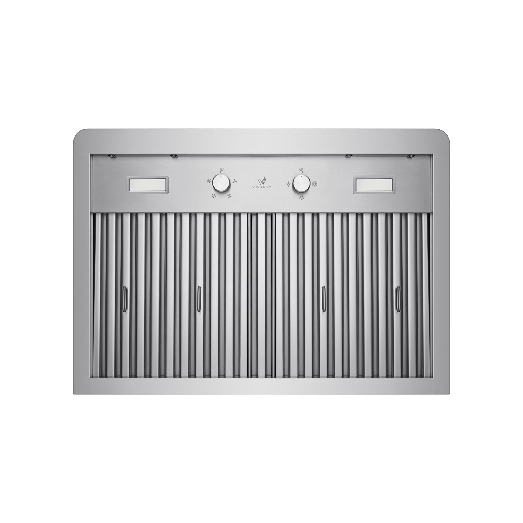 Stainless steel range hood underside with vertical baffle filters and control knobs