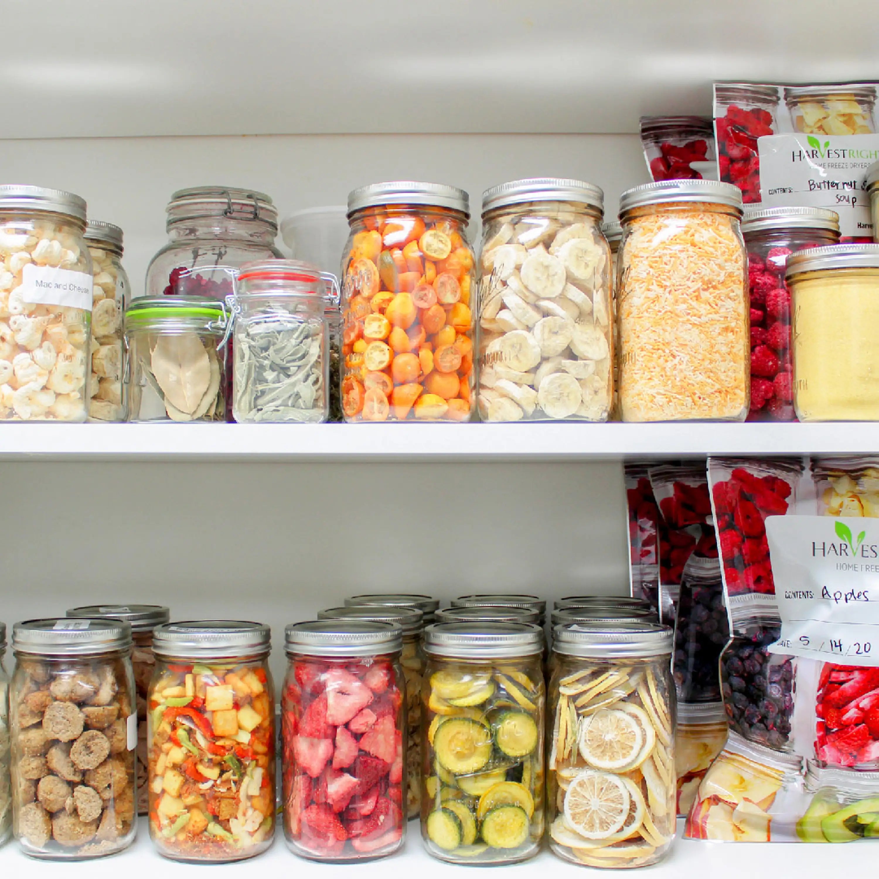 Glass storage jars filled with freeze-dried fruits and vegetables on shelves