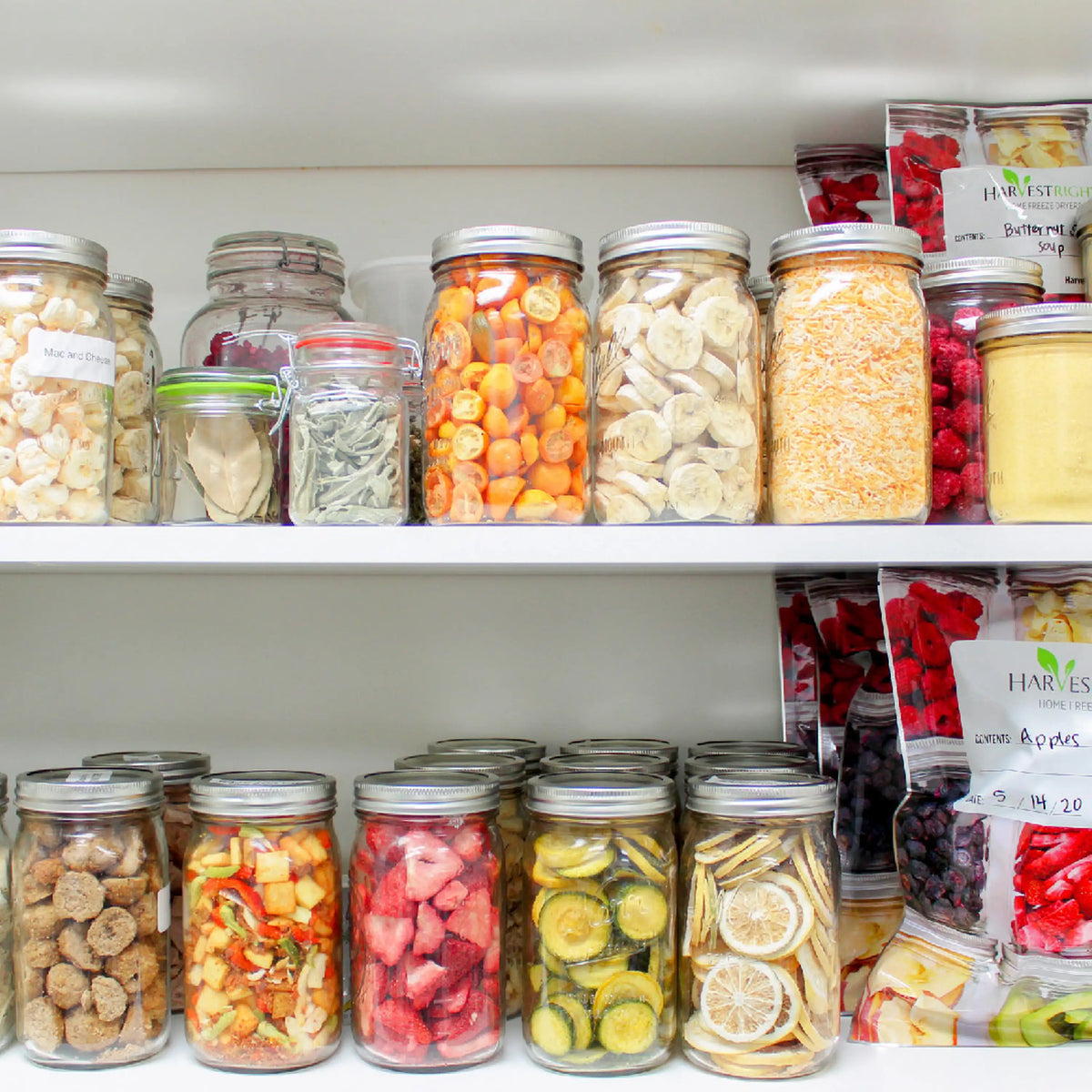 Glass jars of freeze-dried fruit and vegetables on a shelf