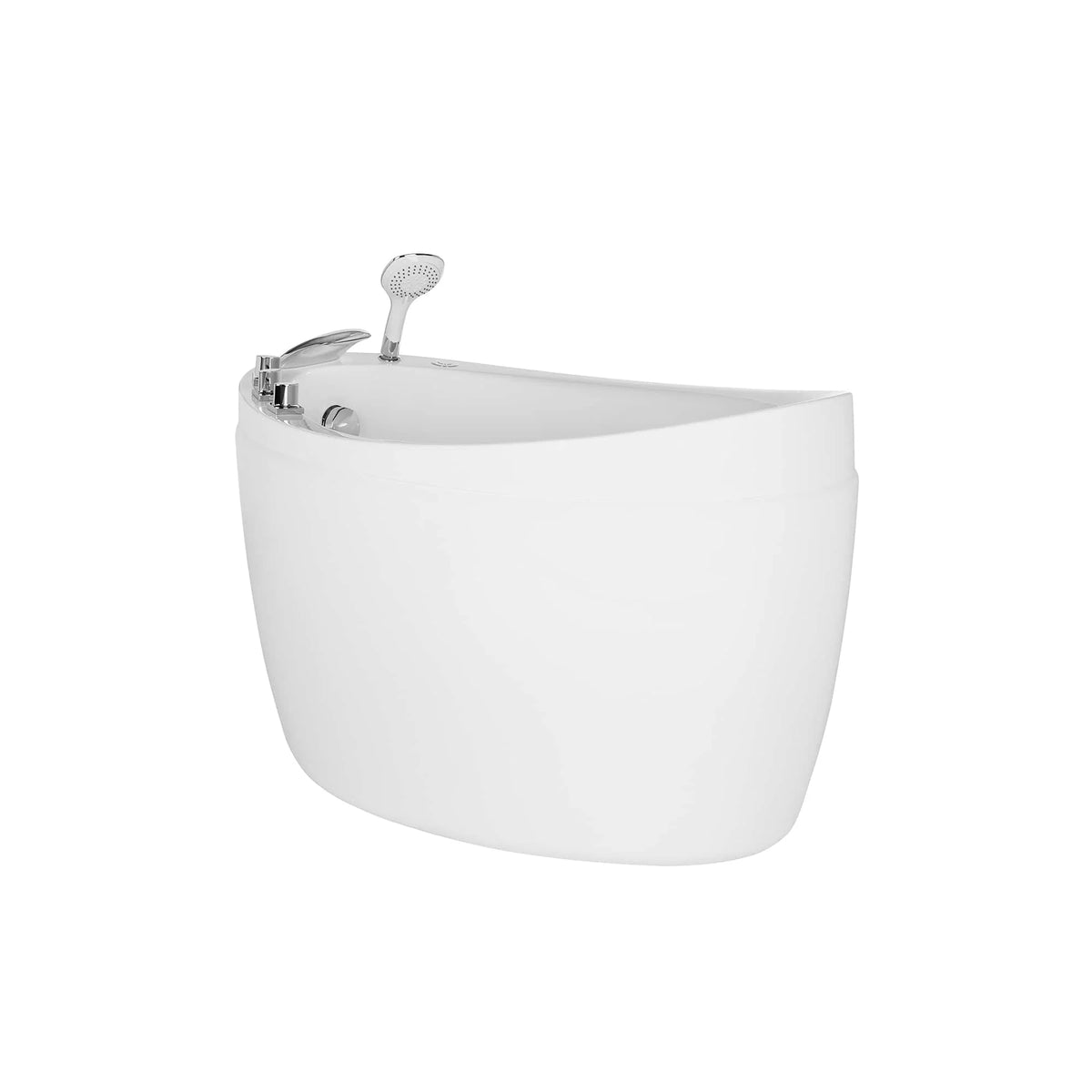 White freestanding air bathtub with chrome showerhead-style faucet and controls