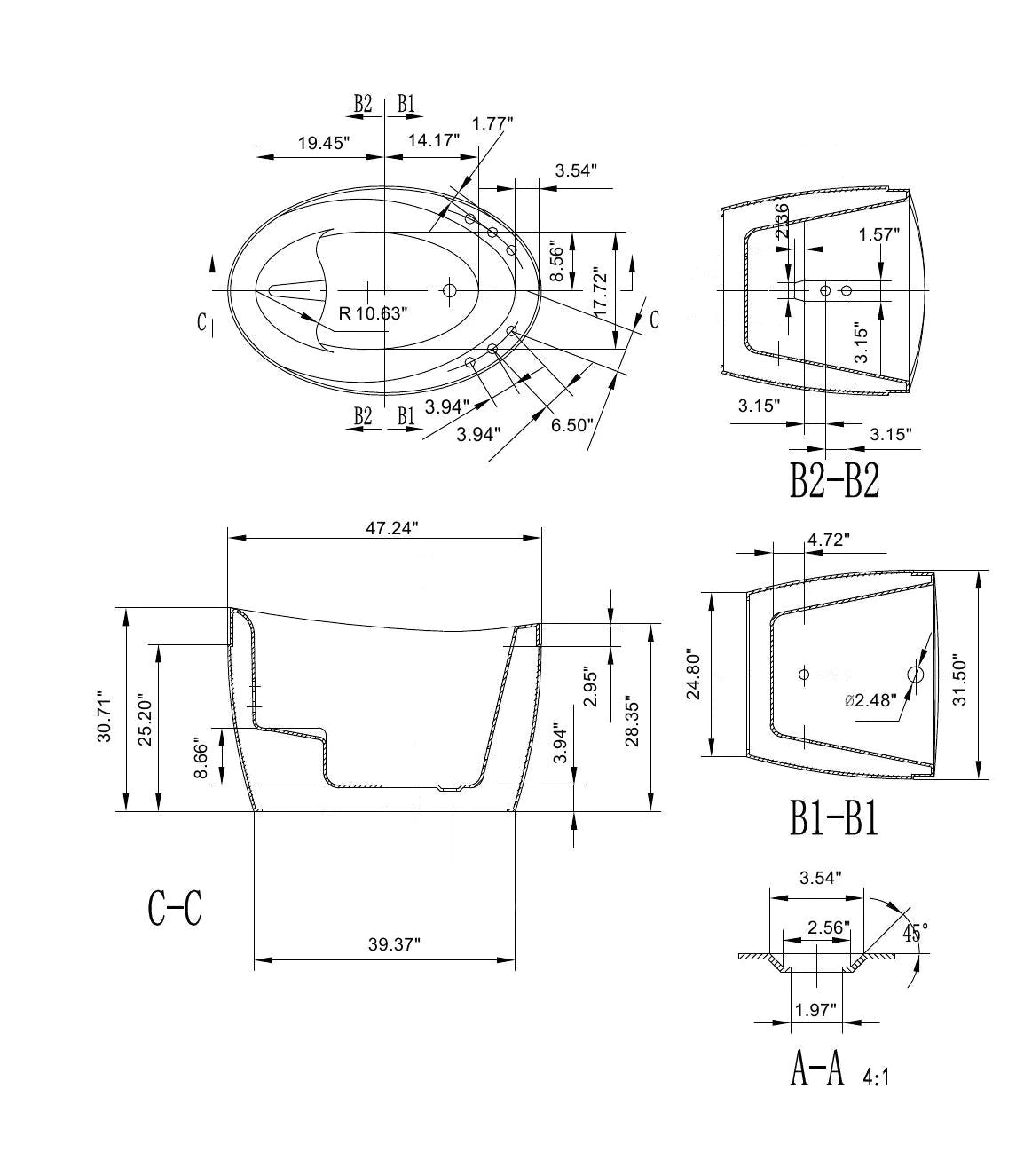 Technical dimension diagram for a freestanding air bathtub