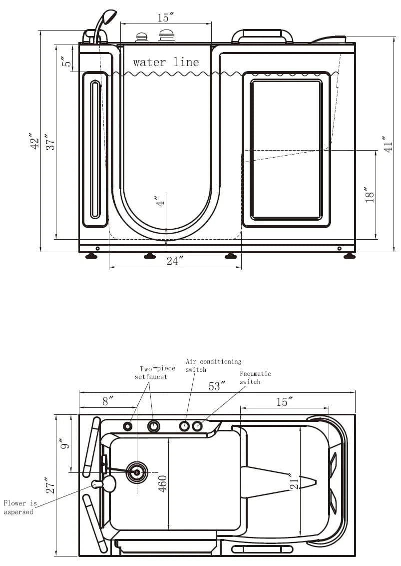 53-inch walk-in whirlpool bathtub dimensions and waterline layout technical diagram