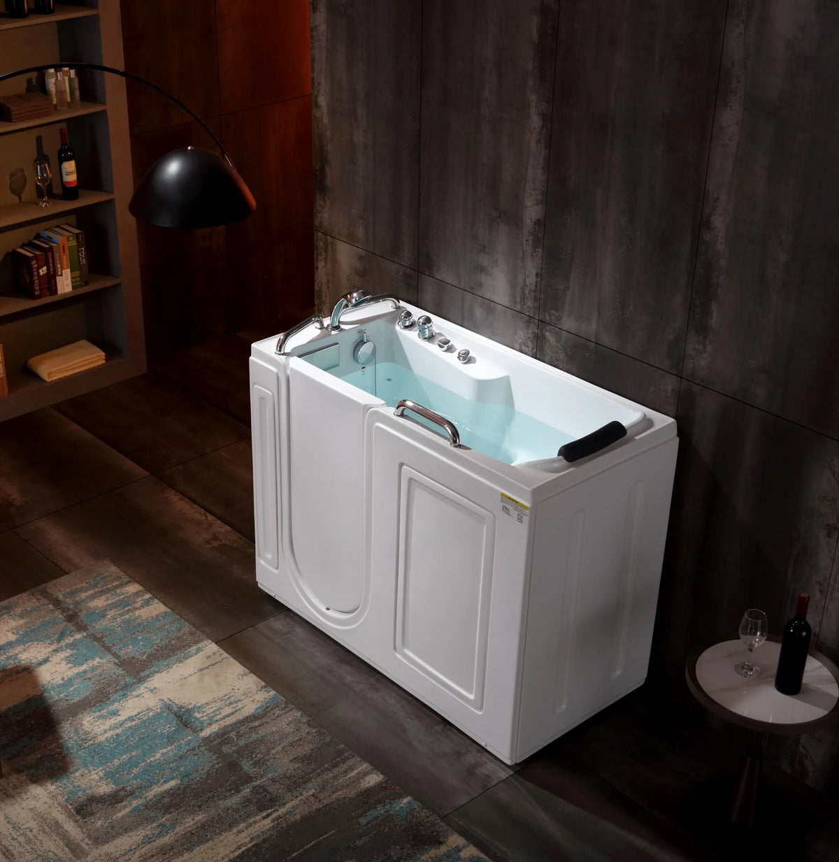 53-inch walk-in whirlpool bathtub with raised side panels and turquoise tub water