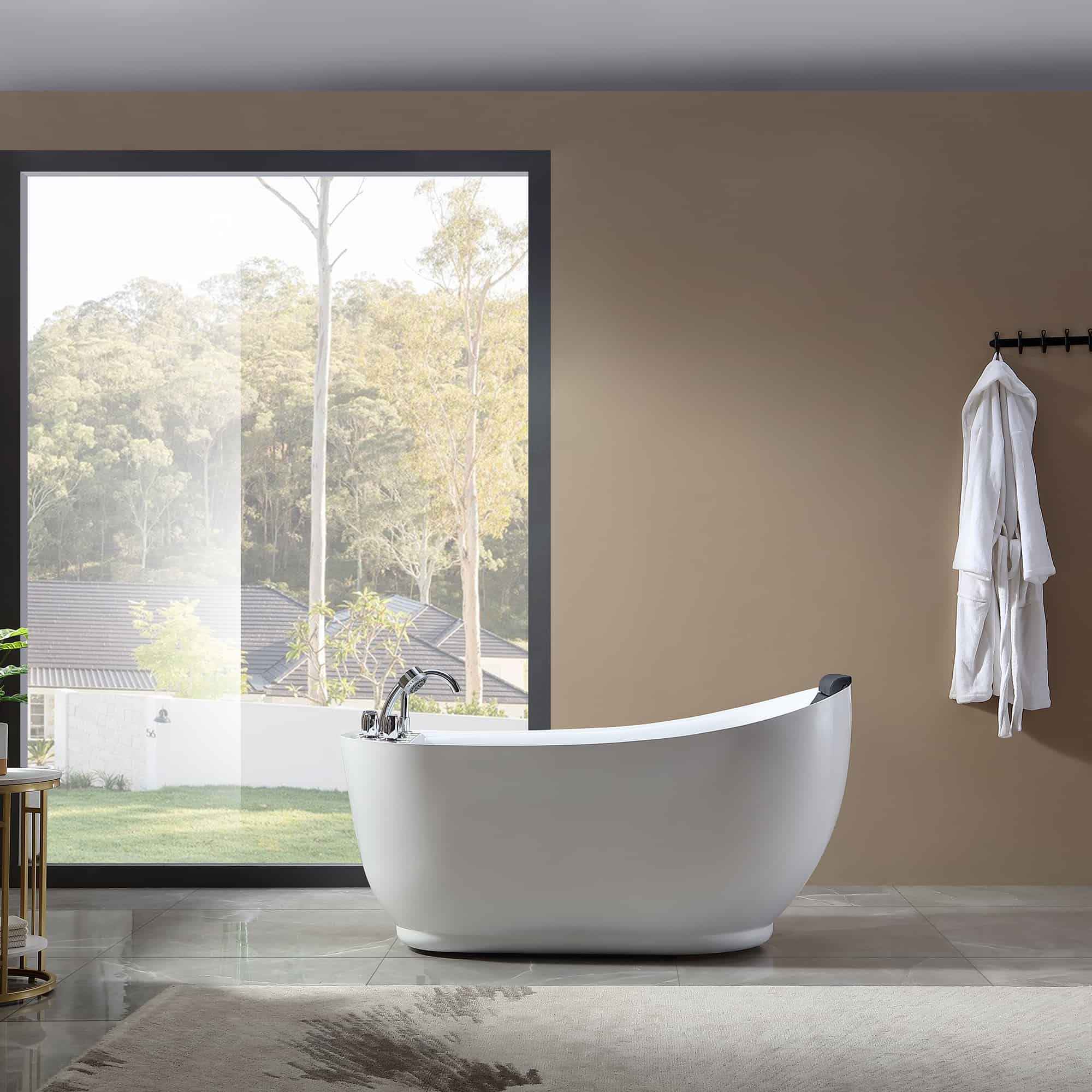 White freestanding acrylic bathtub with chrome faucet and centered drain opening