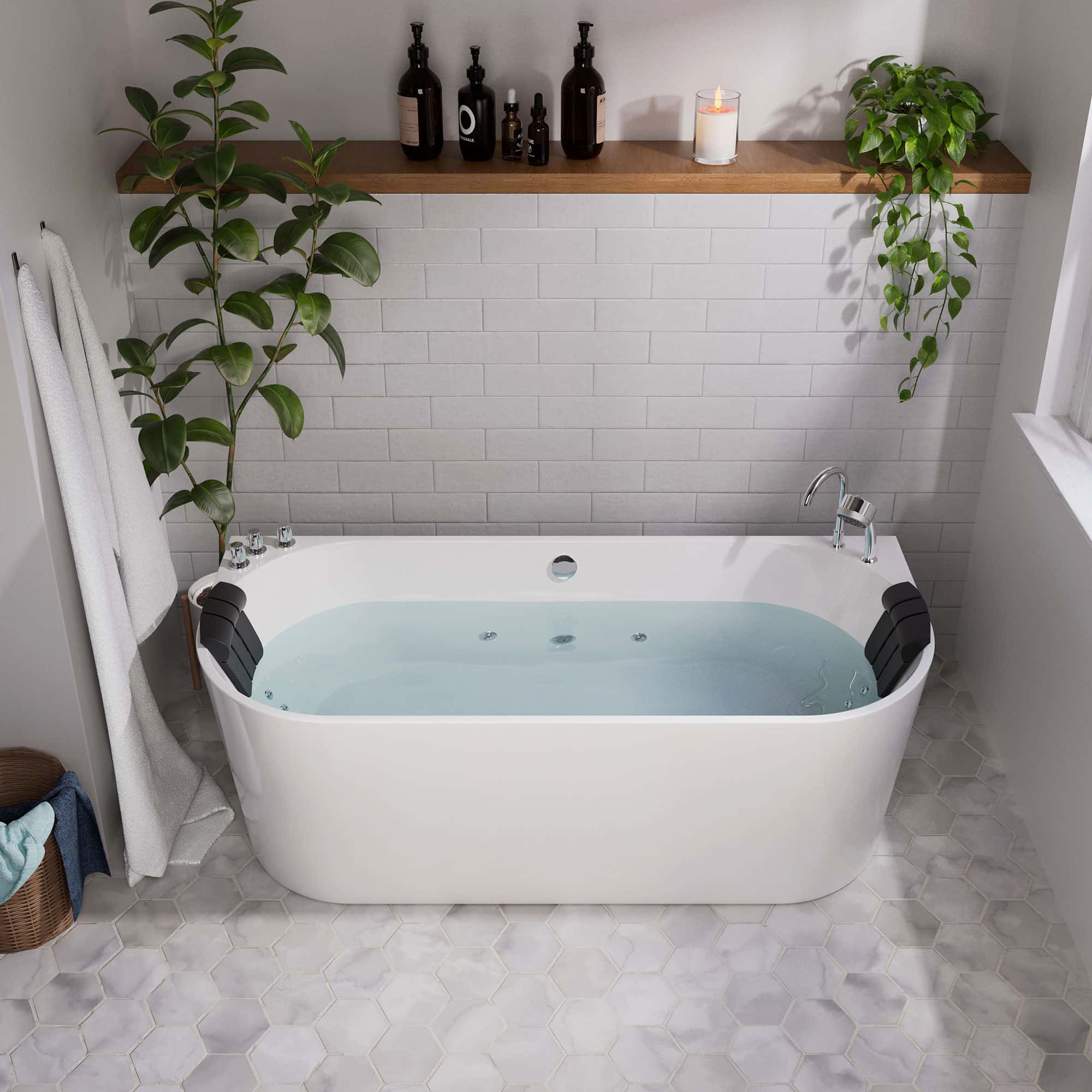 White acrylic whirlpool bathtub with mint water, chrome faucet, and black headrests