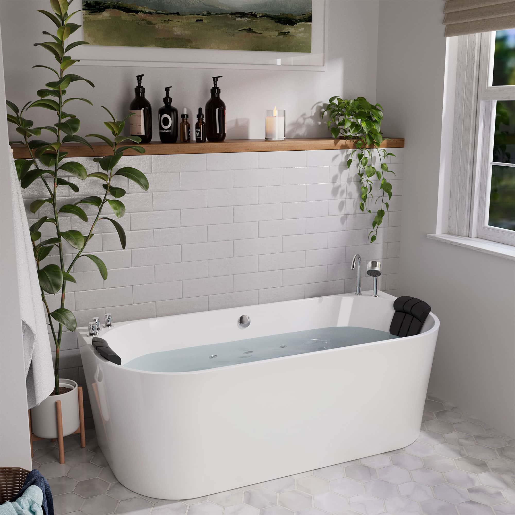 White alcove whirlpool bathtub with mint-blue water, chrome faucet, and black headrests