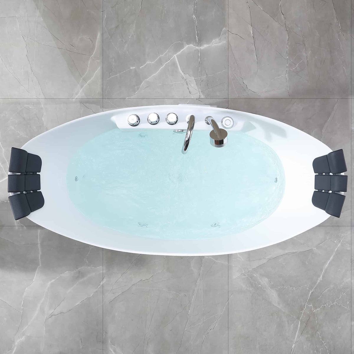 Oval acrylic whirlpool bathtub with pale blue basin, chrome jets, and black headrests