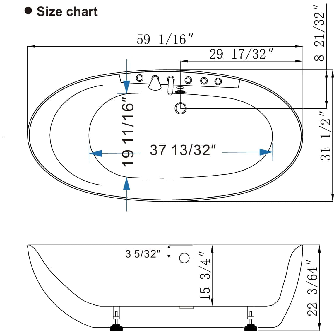 Freestanding whirlpool bathtub size chart diagram with oval outline and measurements