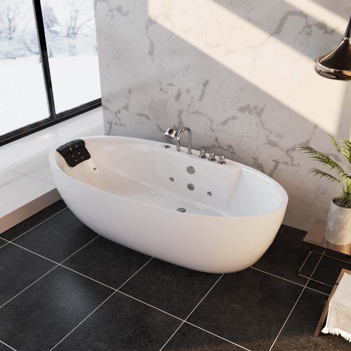 White freestanding acrylic whirlpool bathtub with chrome faucet and jet nozzles