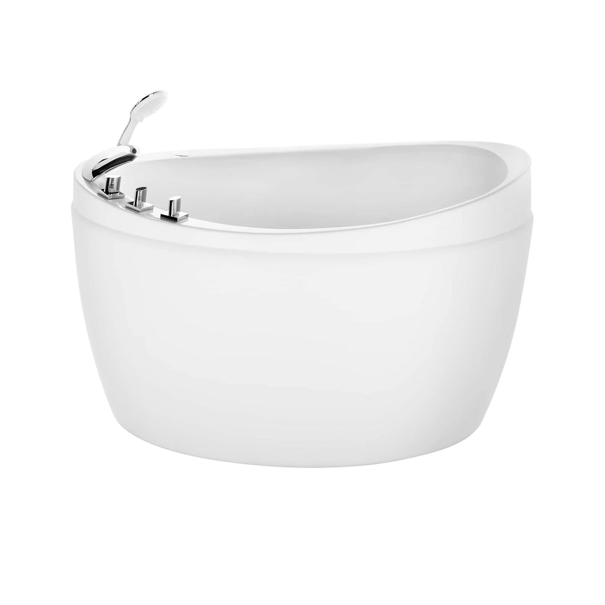 White freestanding soaking tub with chrome faucet spout and wall-mounted controls