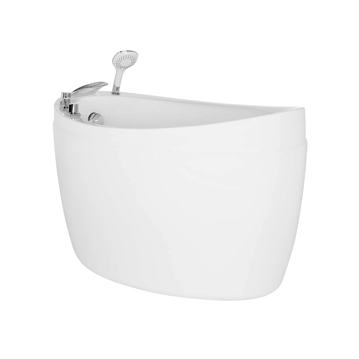 White freestanding soaking tub with chrome showerhead and faucet on the rim