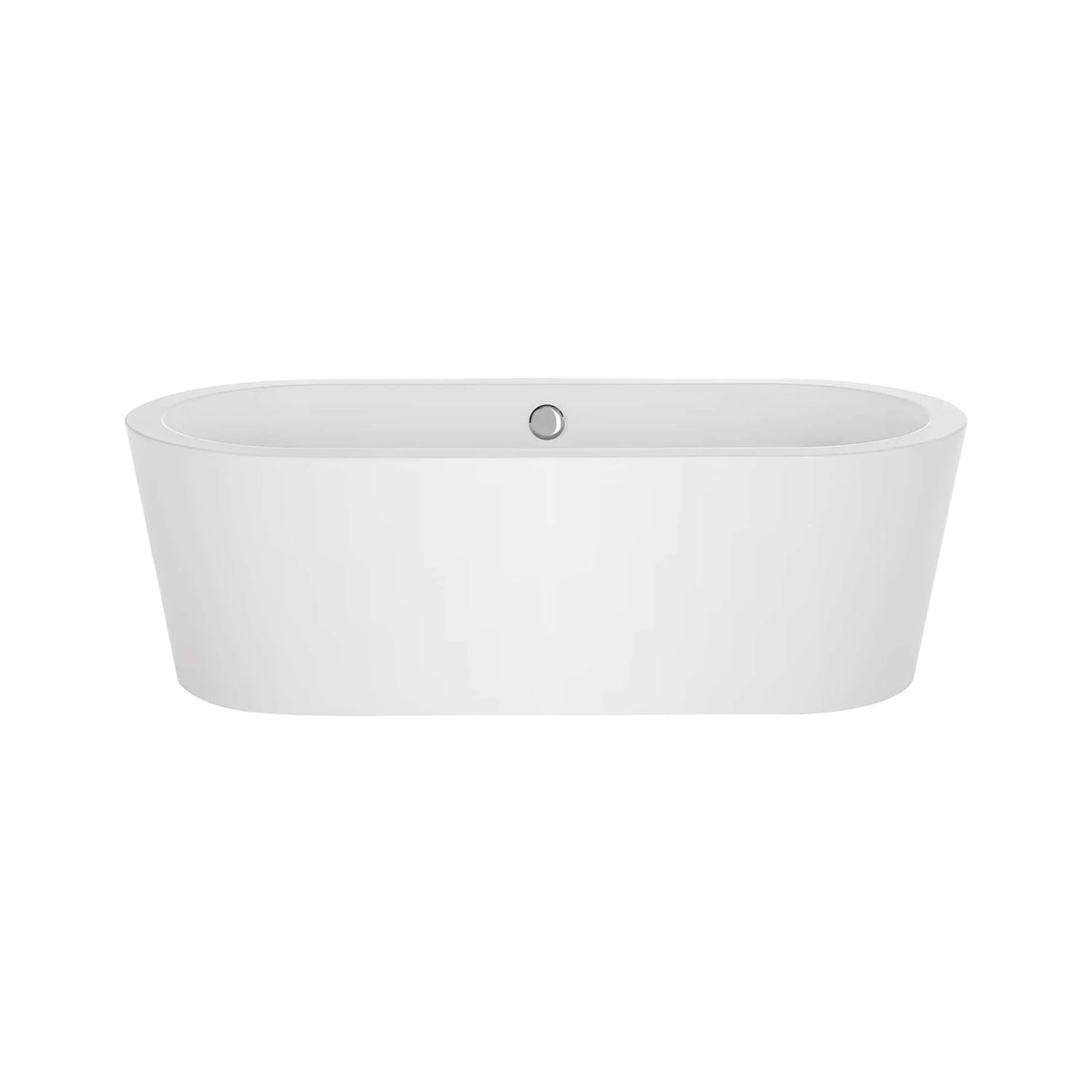 Freestanding soaking bathtub in white with oval rim and center drain opening