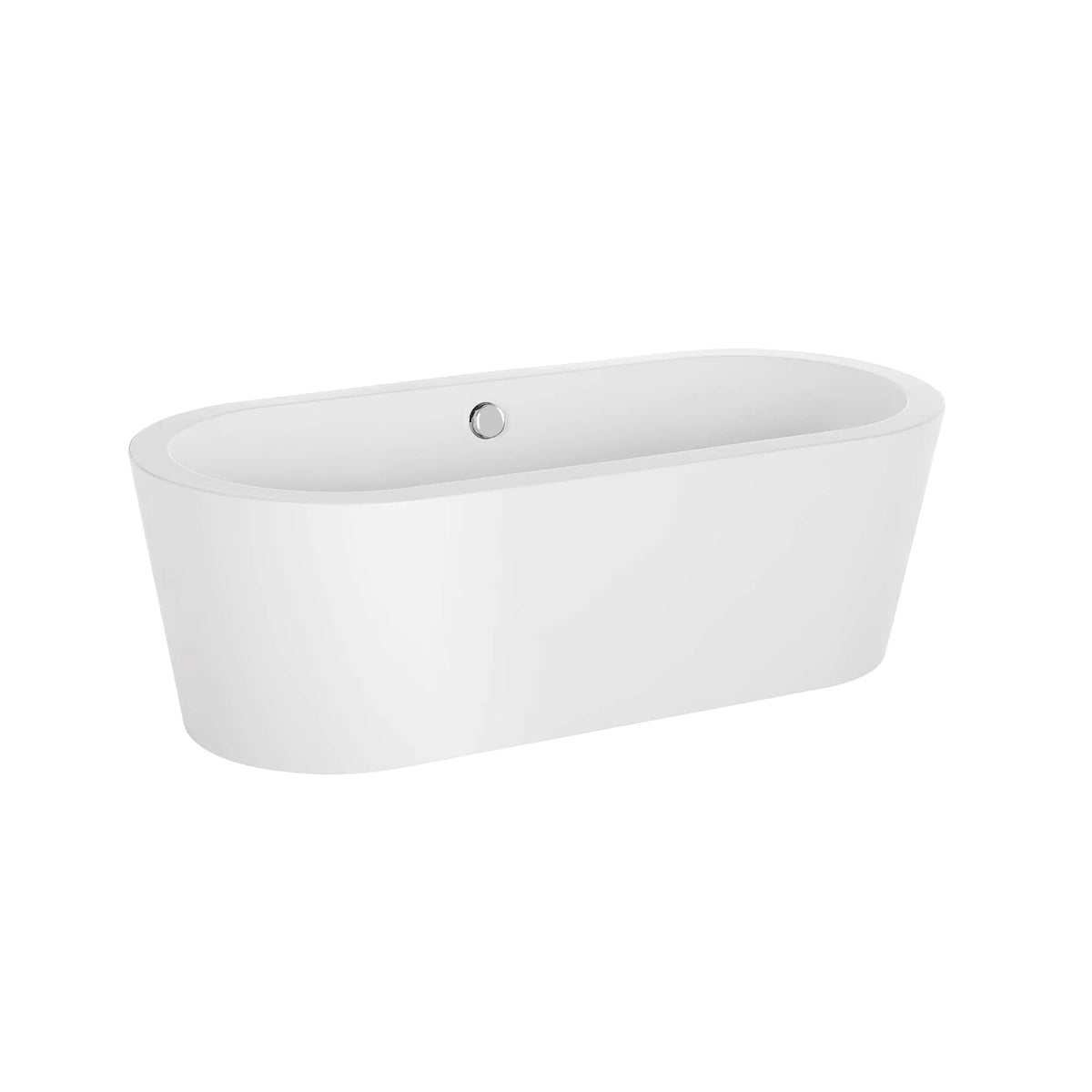 White freestanding soaking bathtub with oval rim and centered overflow opening