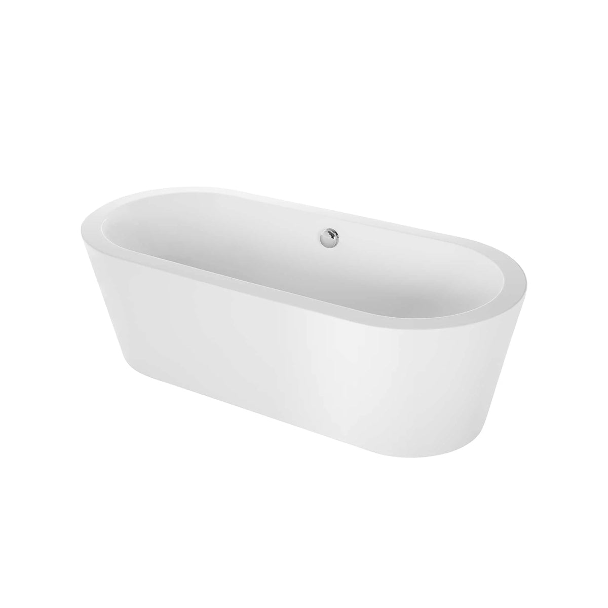 White freestanding soaking bathtub with oval shape, showing drain and overflow outlet