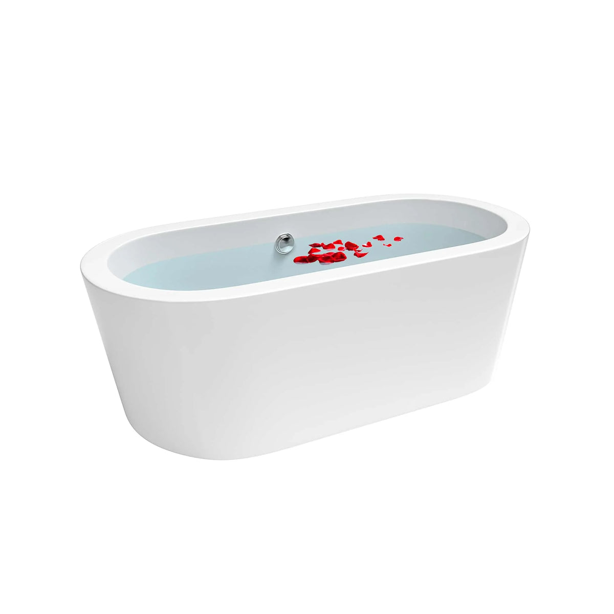 White freestanding soaking bathtub filled with water, showing red floating petals