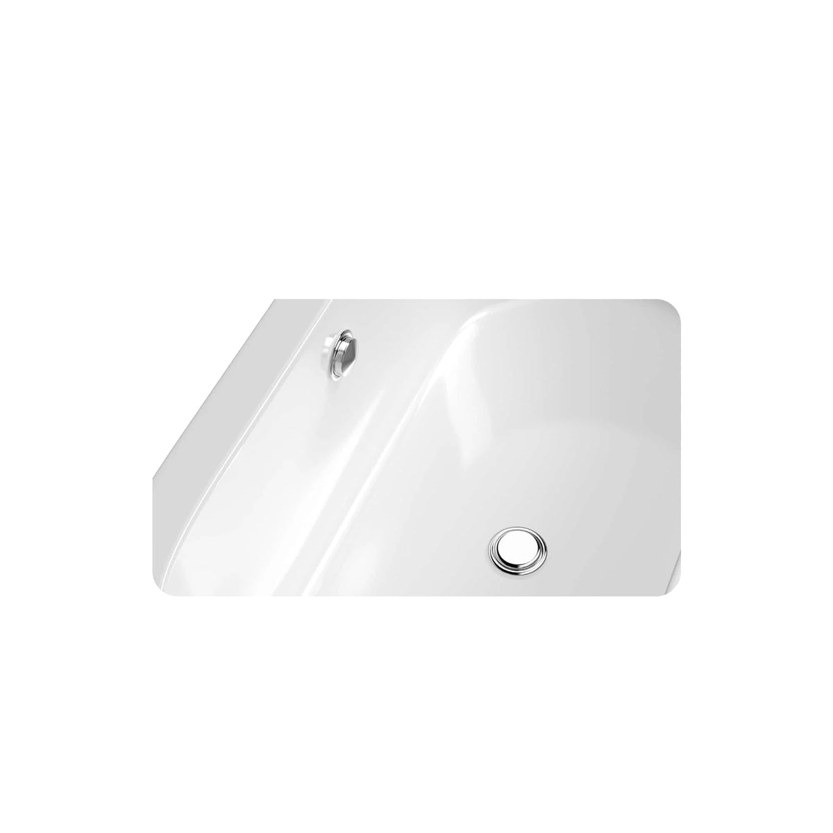 White freestanding soaking bathtub interior with chrome spout and circular overflow drain