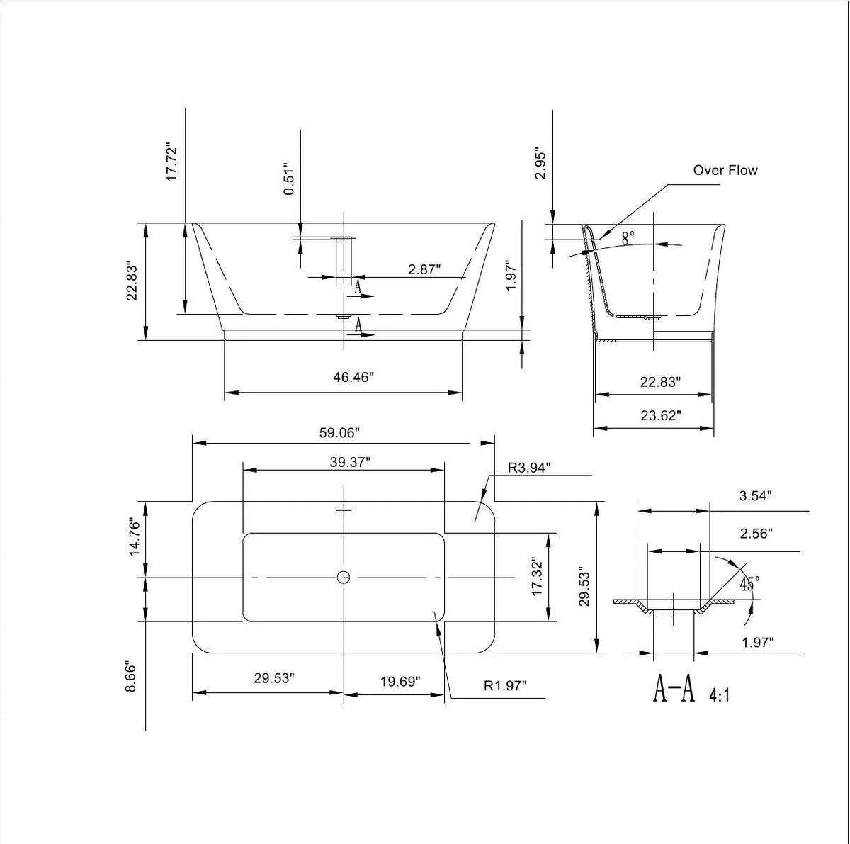 Freestanding soaking bathtub dimension diagram with cutaway, overflow, and measurements