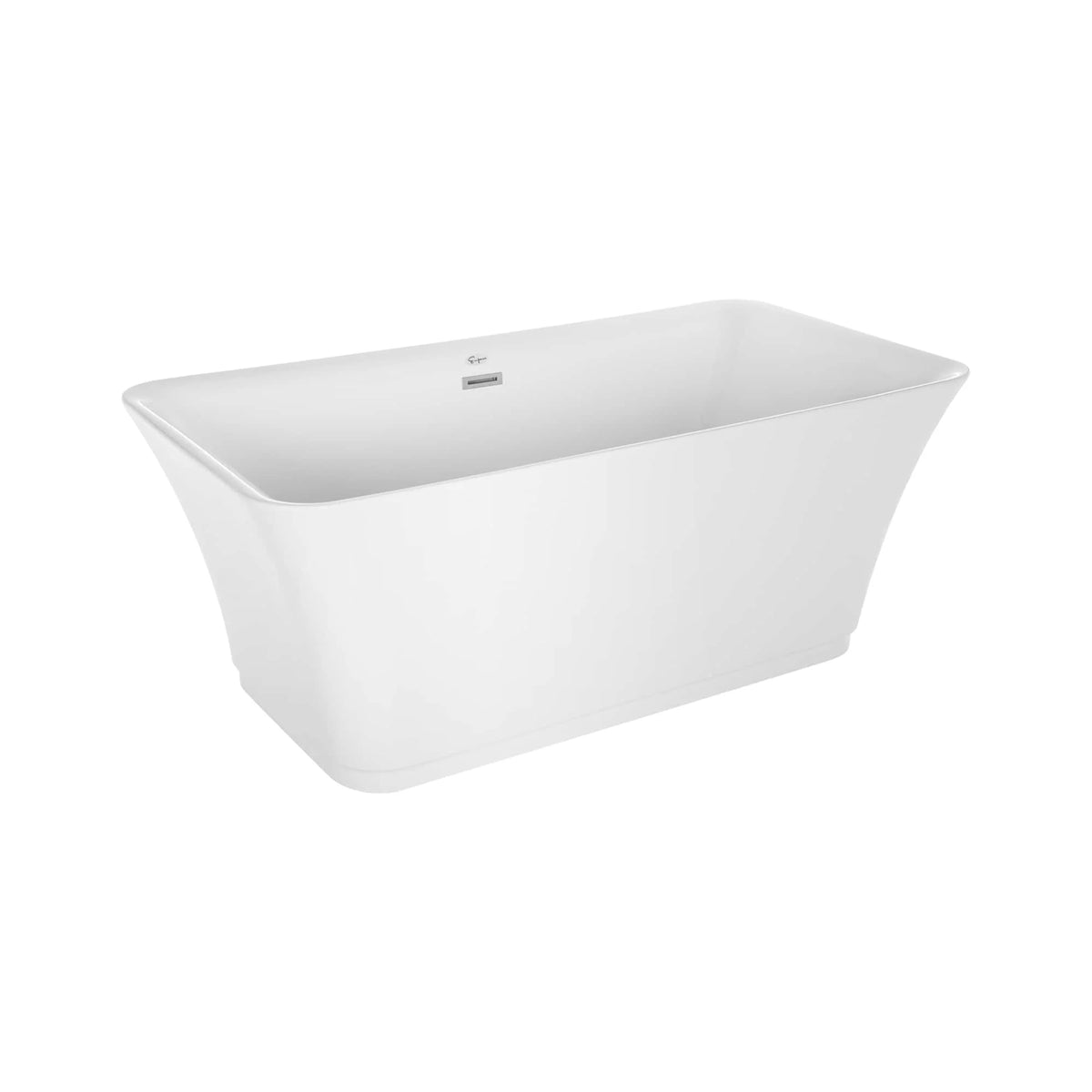 White freestanding soaking bathtub with wide open interior, angled view