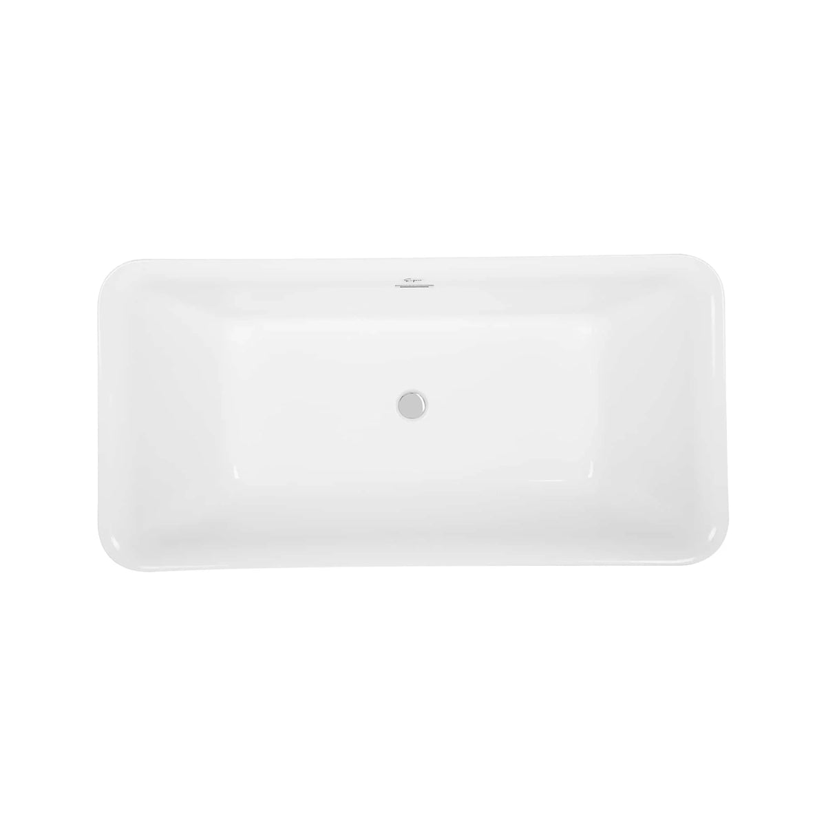 Glossy white soaking bathtub, front view with center drain hole