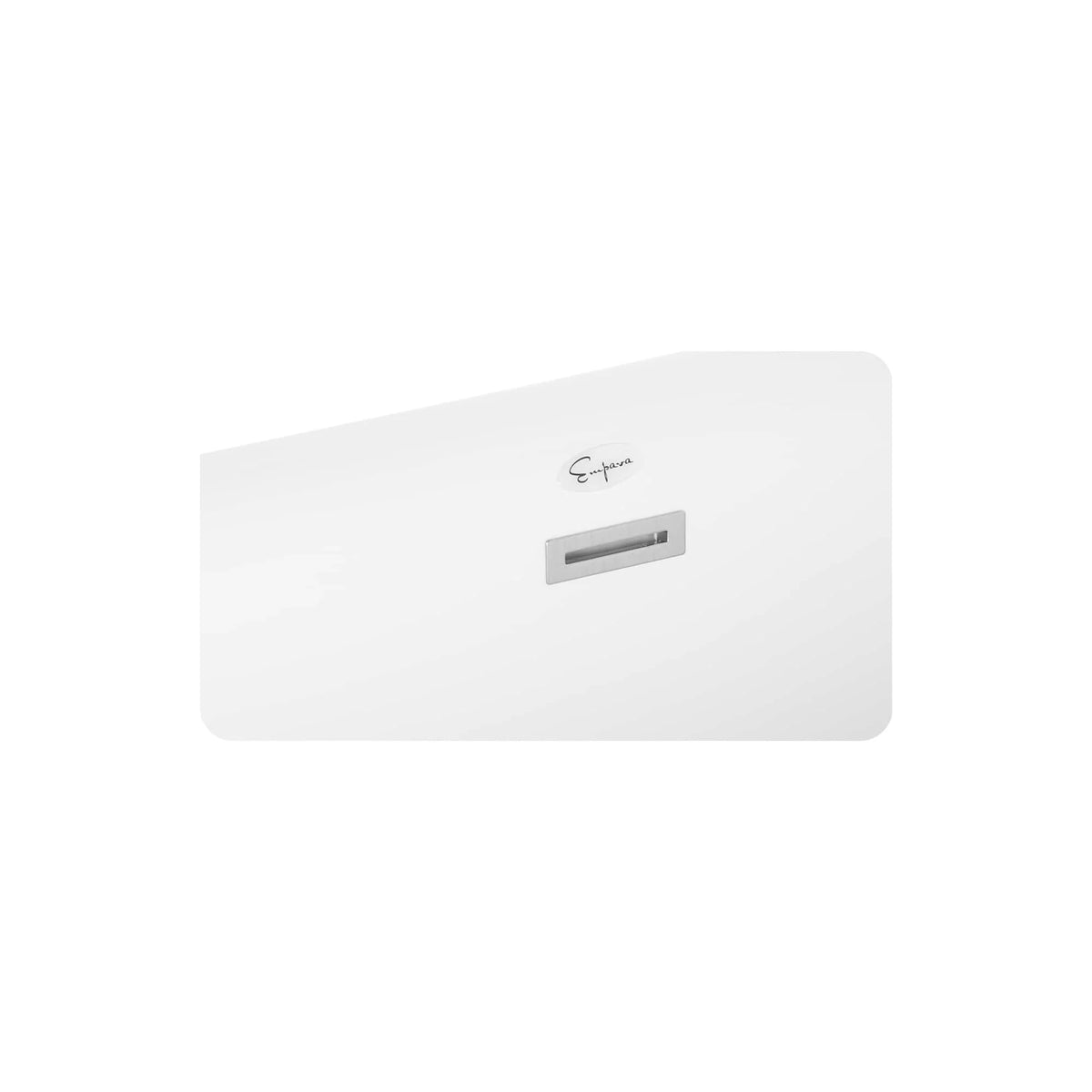 White freestanding soaking bathtub back panel with rectangular accessory opening