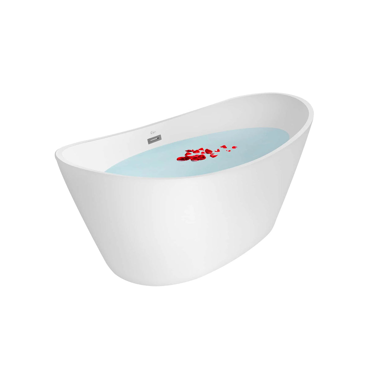 Freestanding soaking bathtub in white with interior water fill graphic, side angle