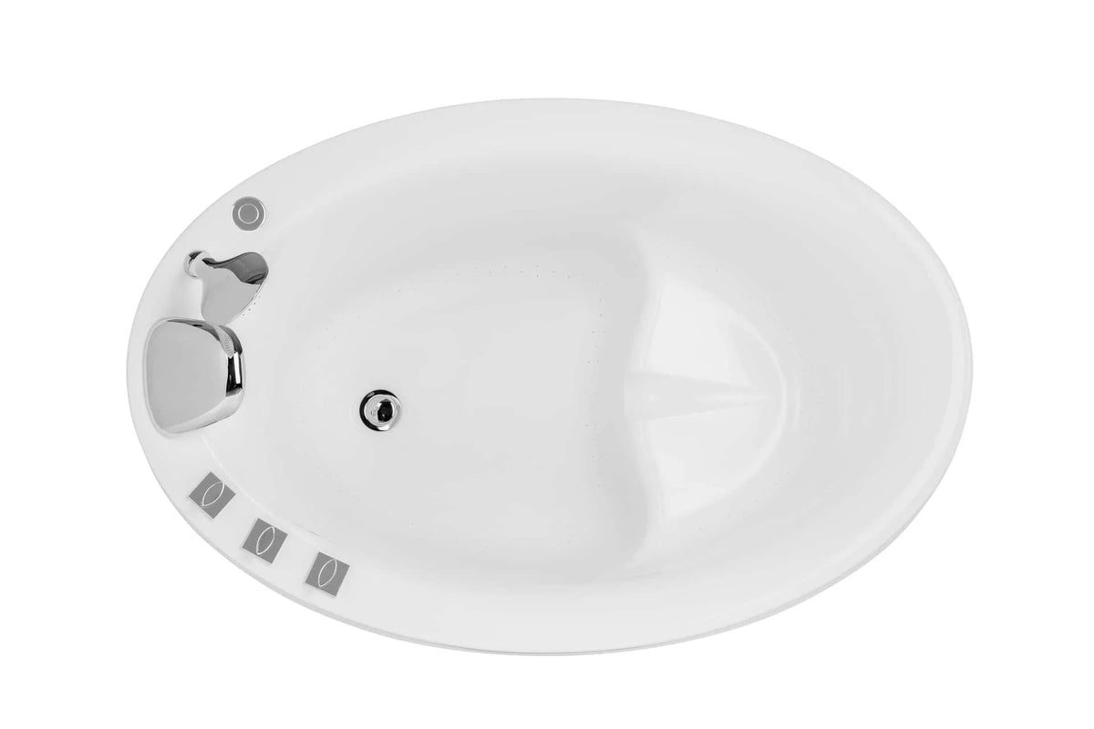 White oval bathtub top view with recessed controls and circular drain