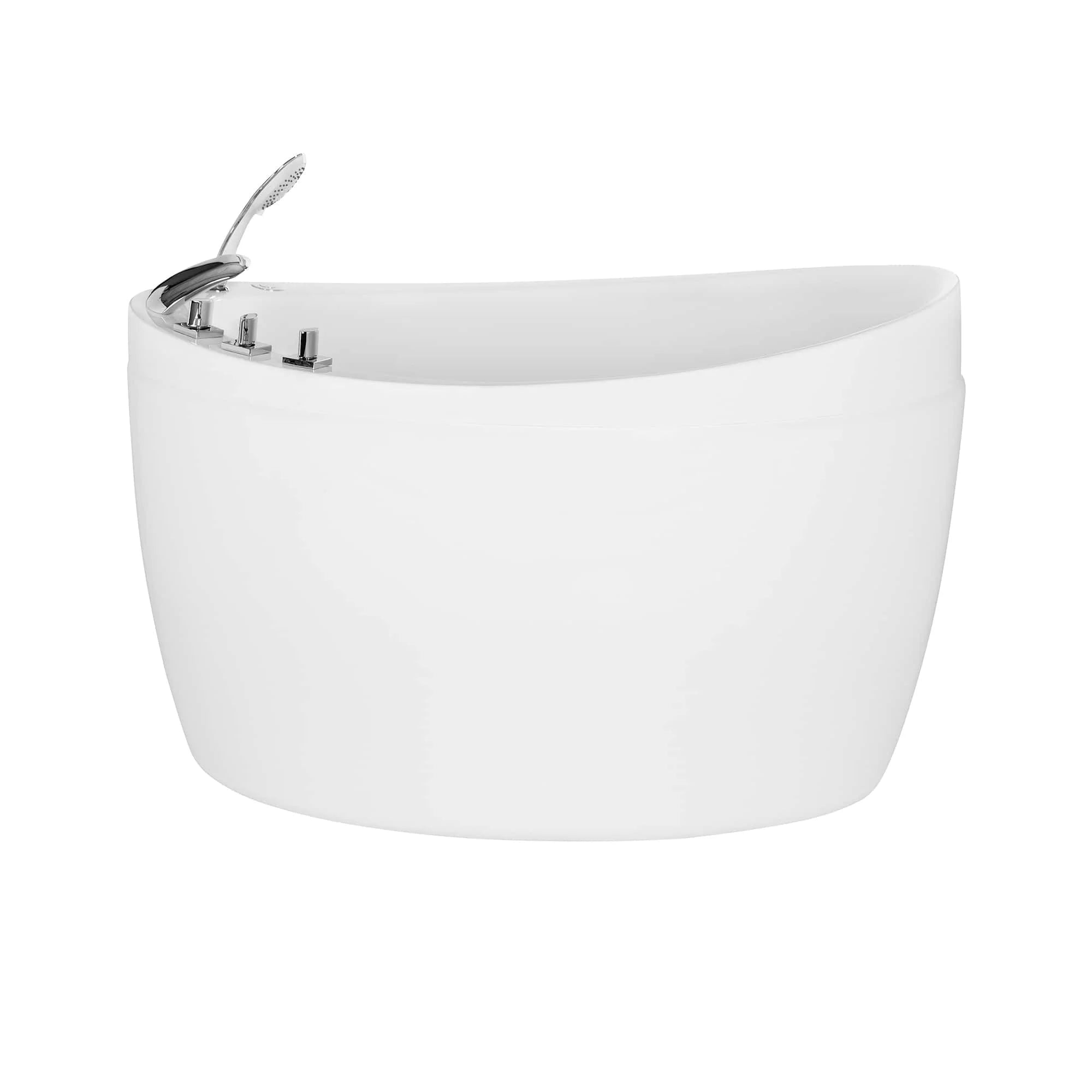 White freestanding air bathtub with chrome hand shower fixture