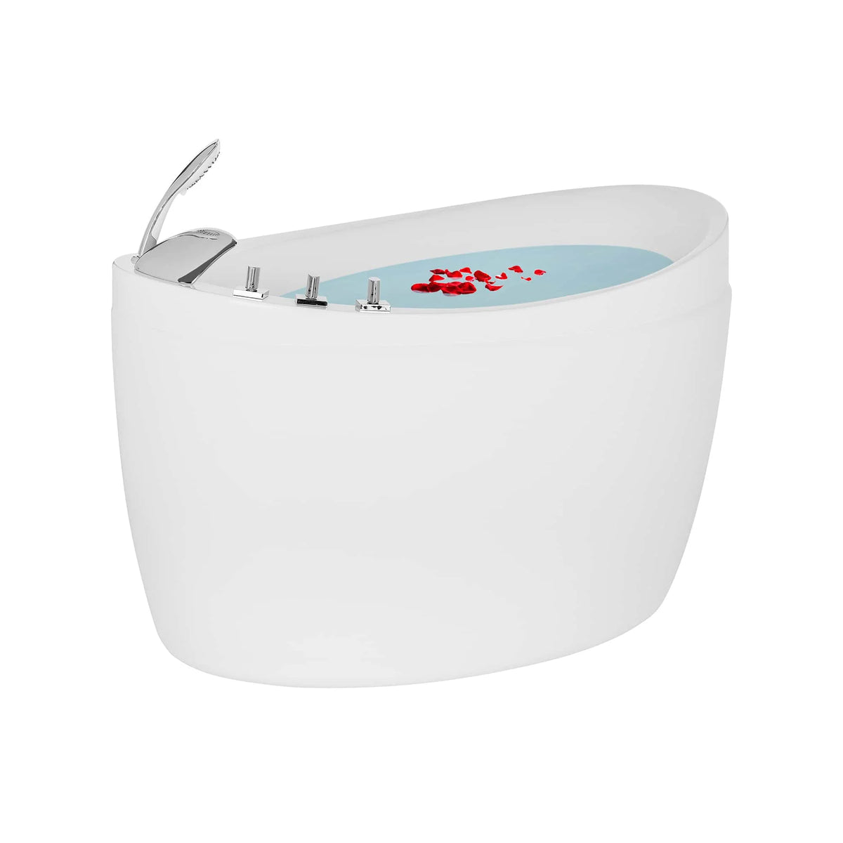 White freestanding air bathtub with deck control area and hand shower