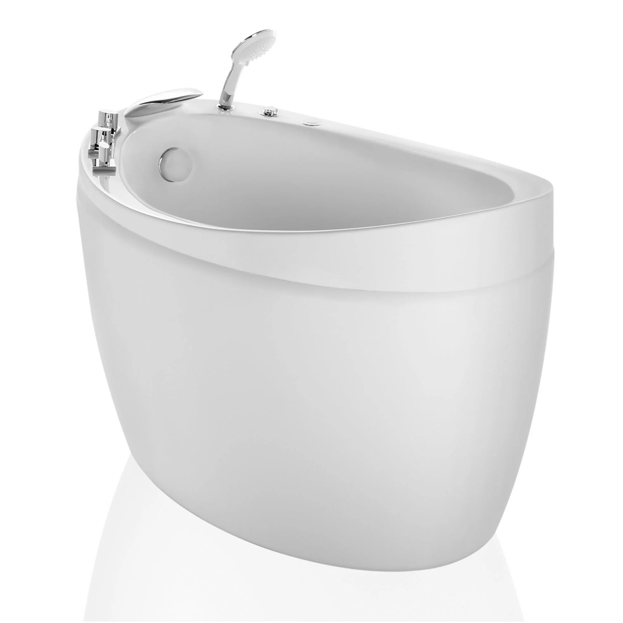White freestanding air bathtub with oval basin and chrome faucet set