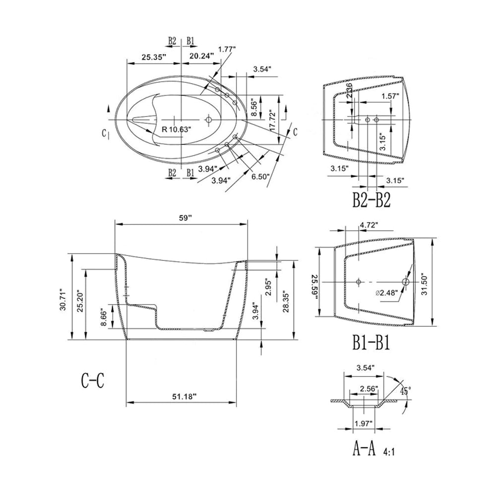Bathtub technical drawing showing measurements and cutaway profile