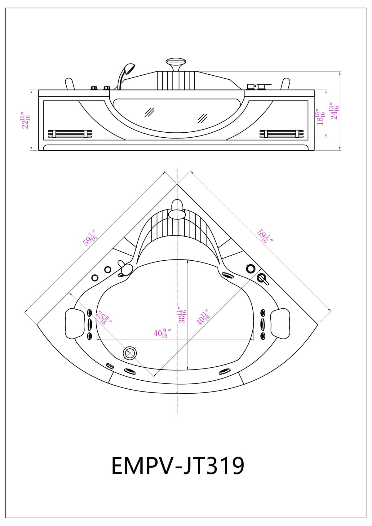 EMPV-JT319 corner whirlpool bathtub dimensions diagram with cross-section view