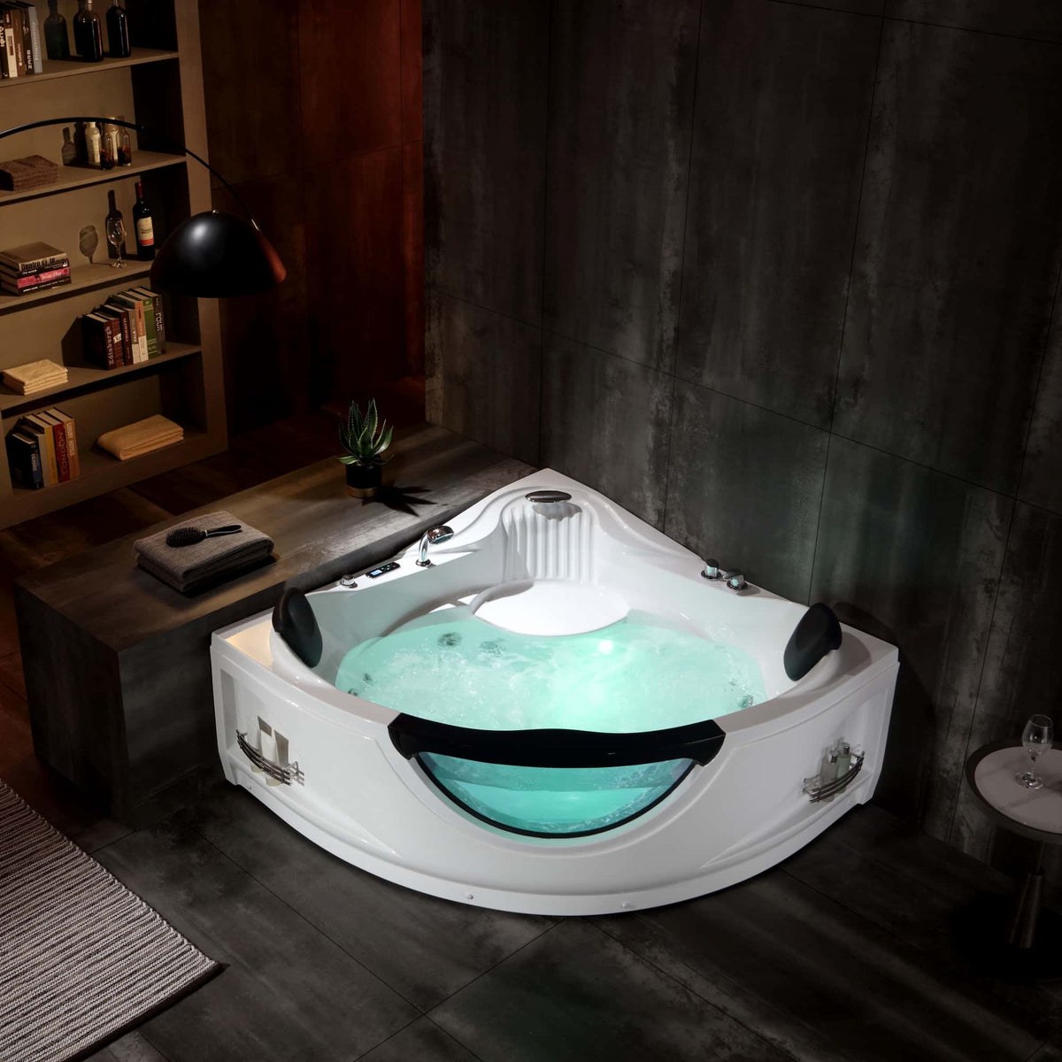 White corner whirlpool bathtub with black headrests and glowing interior LED lights