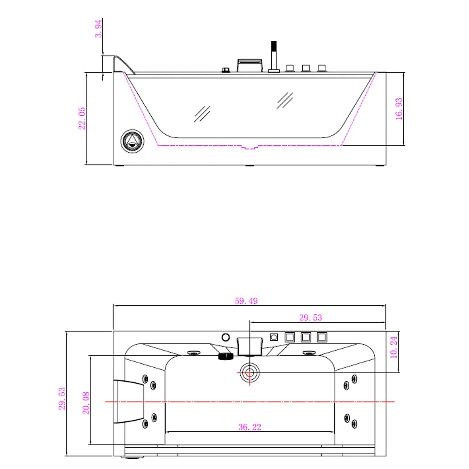 Technical line drawing with dimensions for a rectangular whirlpool bathtub