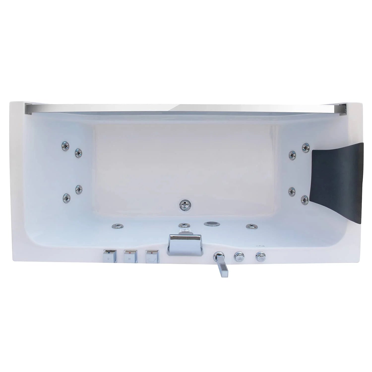 Top view of rectangular whirlpool bathtub showing jet layout and control switches