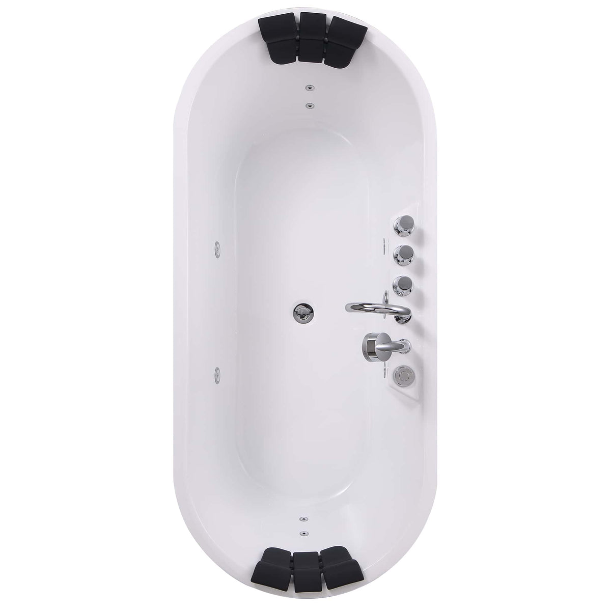 White freestanding acrylic whirlpool bathtub interior view with chrome controls and headrests.