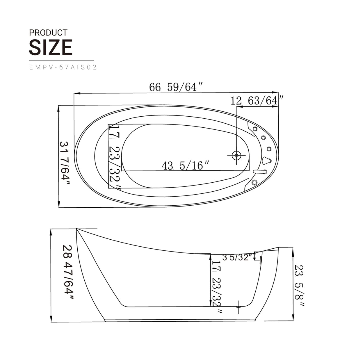 Freestanding acrylic whirlpool bathtub with dimension measurement labels