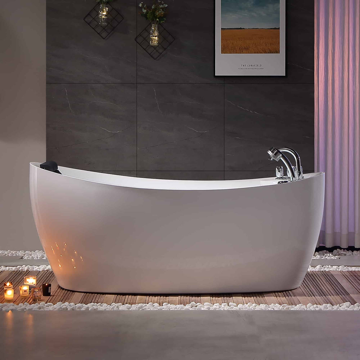 Large white freestanding acrylic whirlpool bathtub with chrome faucet and illuminated accents